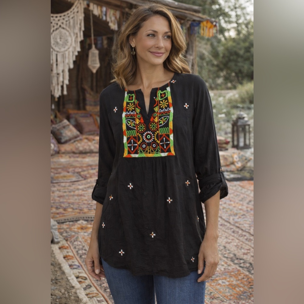 Sacred Threads Black Embroidered Boho Blouse Roll Tab Sleeves Size Small